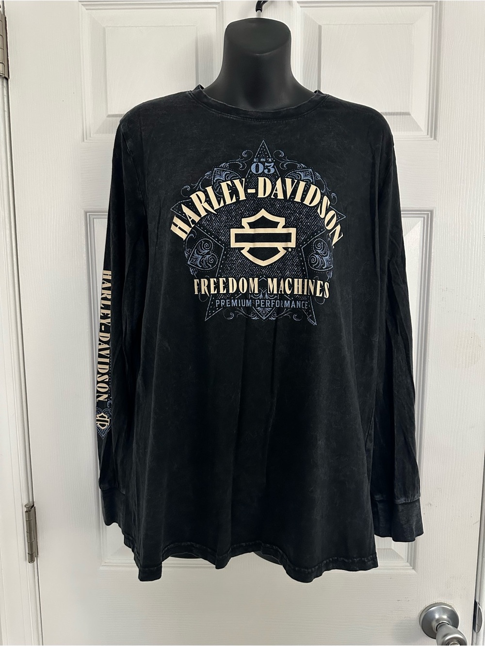 Harley-Davidson Women’s Black Long Sleeve Tee with Cream & Blue Graphic